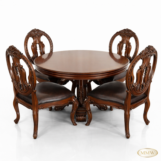 5-Pc Burl Inlay Round Dining Table & Chairs Set
