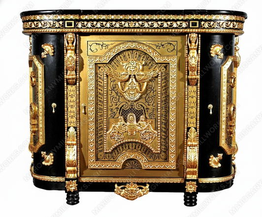 Black & Gold Heavily Ornate Rococo Cabinet Commode