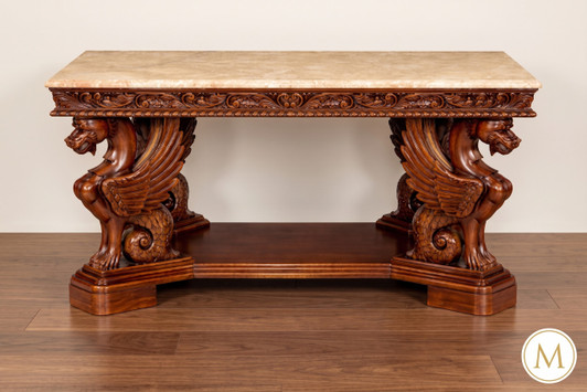 56" Opulent mahogany console with griffins