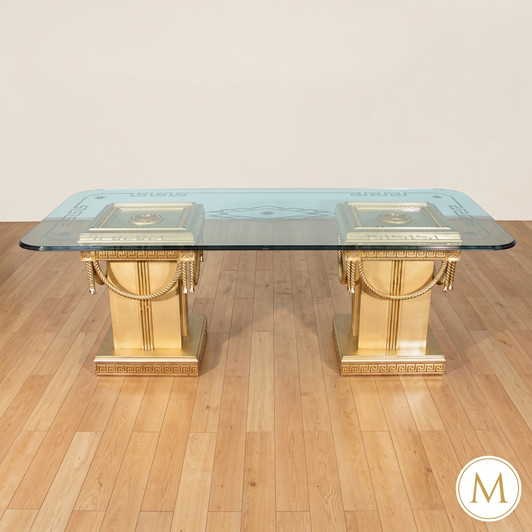 7.5ft Gold Leaf Double Pedestal Dining Table w/ Glass Top