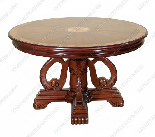 52" Round Walnut & Mappa Burl Inlay Pedestal Dining or Conference Table