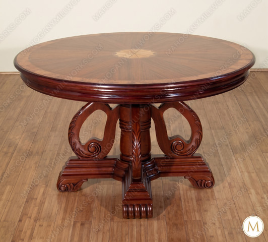 52" Round Walnut & Burl Inlay Pedestal Dining Table