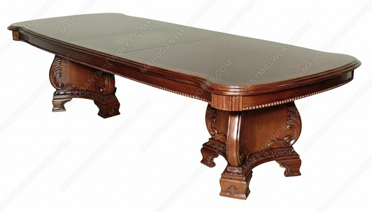 Mahogany Burl Inlay Double Pedestal Dining or Conference Table w/ Leaf Extensions