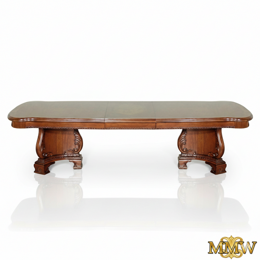 Burl Inlay Double Pedestal Dining Table w/ Leaf Extensions