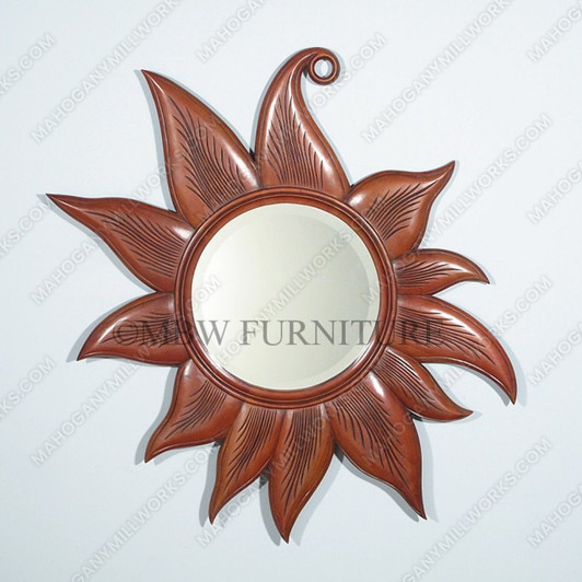 40" Mahogany Carved Sun Wall Hanging Round Mirror