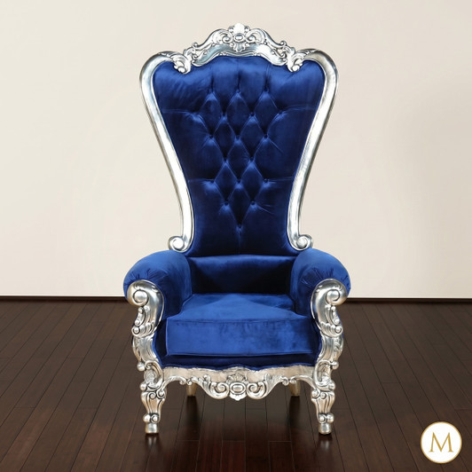 Royal Blue Tufted Velvet Throne Chair with Ornate Silver Carved Frame