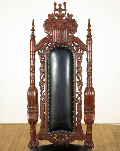 Heavily Carved Lion King Chair w/ Black Leather