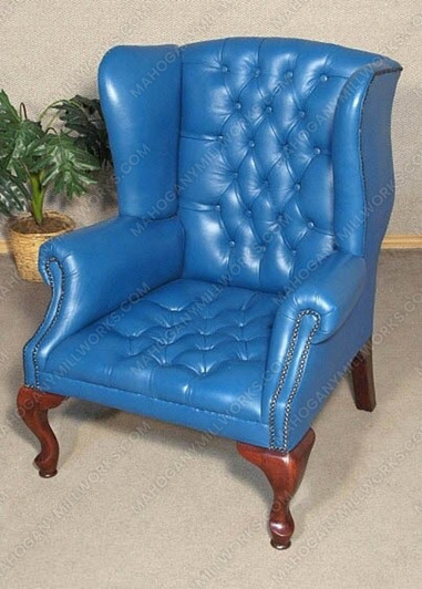 Genuine Leather Royal Blue Wing Back Chair