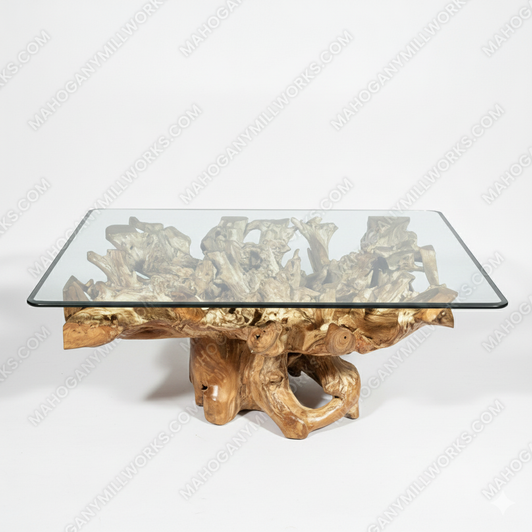 4.5Ft Wide Rustic Solid Teak Root Glass Top Coffee Table