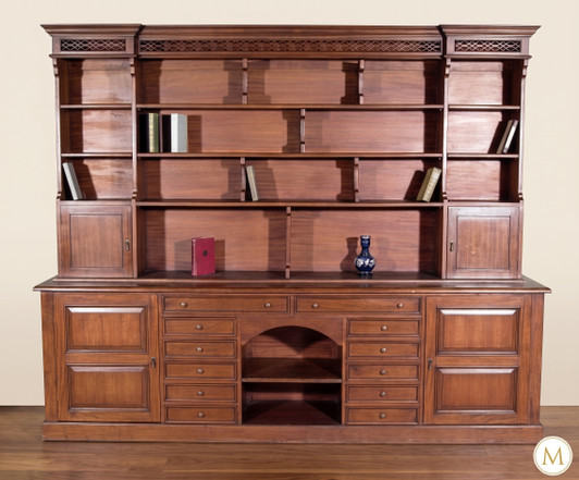 Distressed Mahogany Library Wall Bookcase Cabinet with Drawers