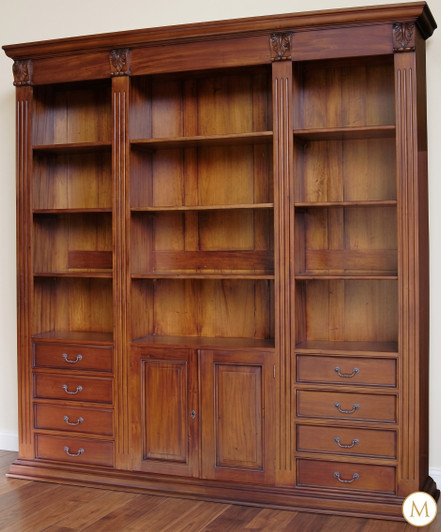 Solid Mahogany Breakfront Open Bookcase with Drawers and Cabinets