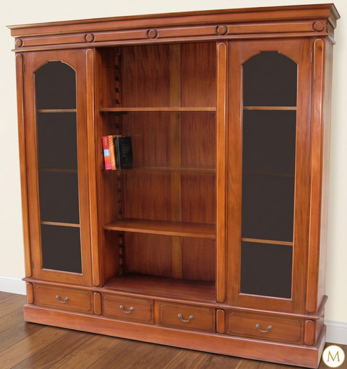 Mahogany Glass Door Bookcase with Drawers
