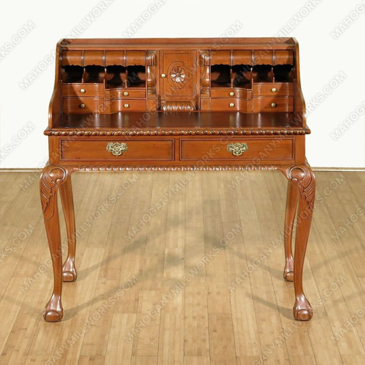 Solid Mahogany Chippendale Escritoire Secretary Desk w/ Leather