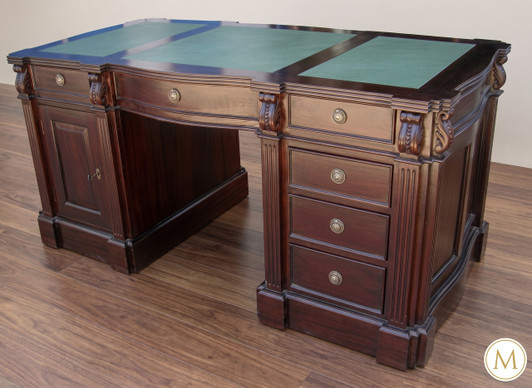 Mahogany Pedestal Desk with Green Leather Top