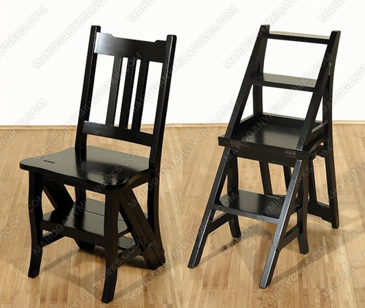 Solid Mahogany Black Convertible Ladder Chair Library Step Stool