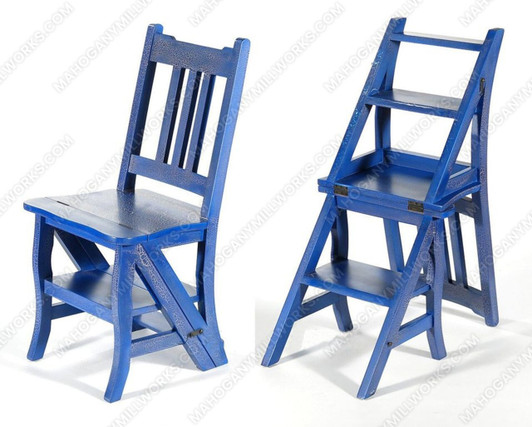Solid Mahogany Crackle Blue Convertible Ladder Chair Library Step Stool