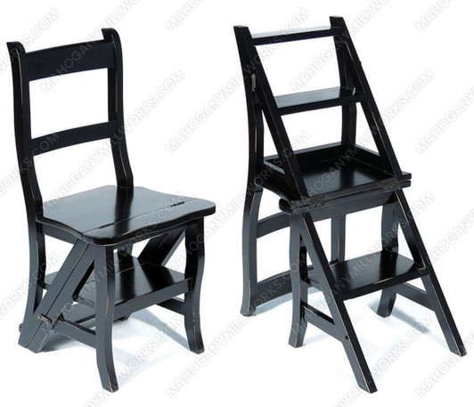 Solid Mahogany Distressed Black Ladder Chair Library Step Stool
