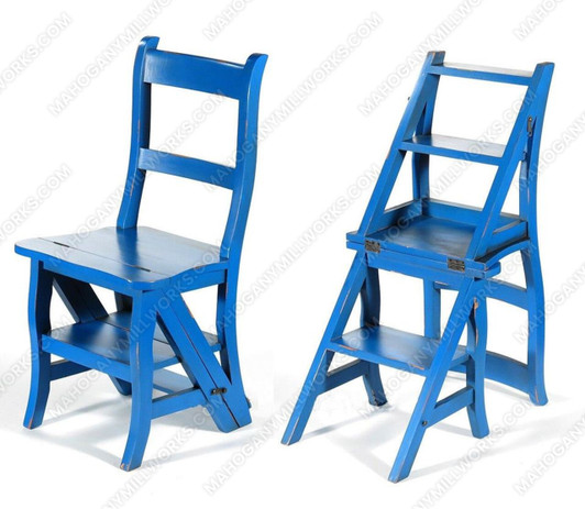 Solid Mahogany Distressed Blue Ladder Chair Library Step Stool