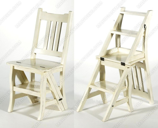 Solid Mahogany Distressed Cream Convertible Ladder Chair Library Step Stool