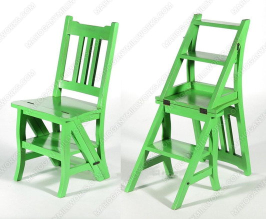 Solid Mahogany Distressed Green Convertible Ladder Chair Library Step Stool