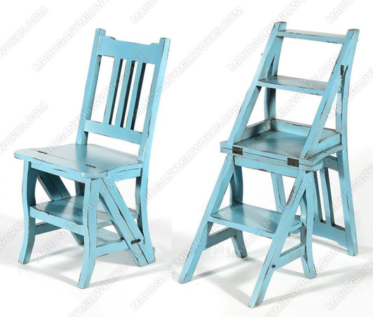 Solid Mahogany Distressed Light Blue Ladder Chair Library Step Stool