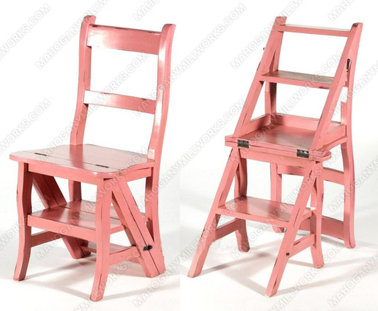 Solid Mahogany Distressed Pink Ladder Chair Library Step Stool