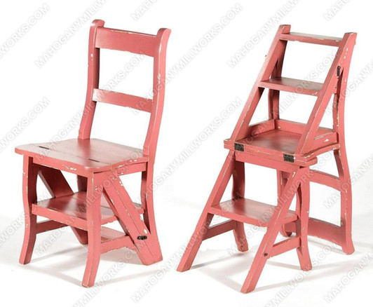 Solid Mahogany Rose Pink Convertible Ladder Chair Library Step Stool
