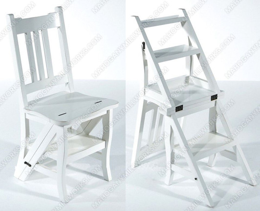 Solid Mahogany Distressed White Convertible Ladder Library Step Stool
