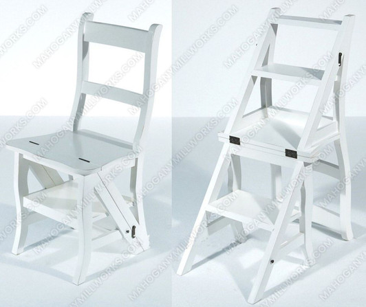 Solid Distressed White Convertible Ladder Chair Library Step Stool