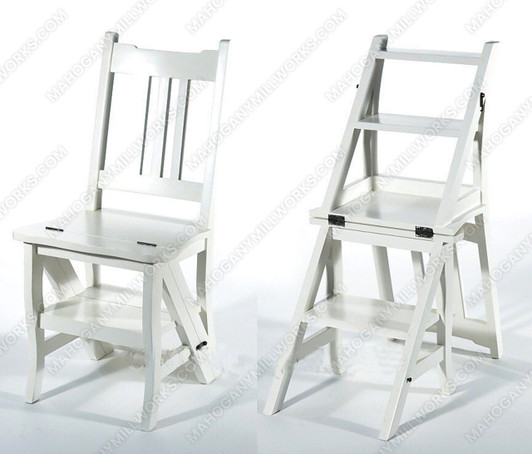 Solid Mahogany Off White/Cream Convertible Ladder Chair Library Step Stool
