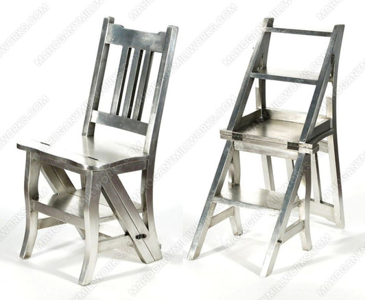 Solid Mahogany Silver Convertible Ladder Chair Library Step Stool