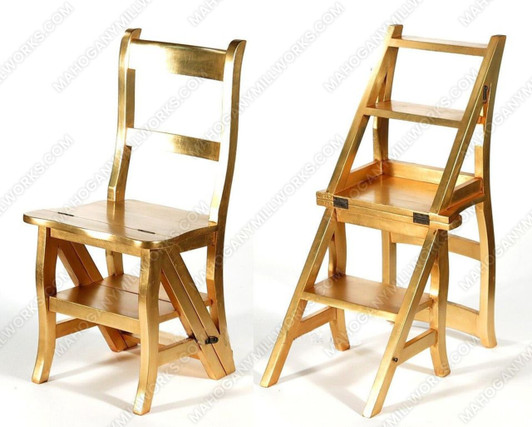 Solid Mahogany Weathered Gold Ladder Chair Library Step Stool