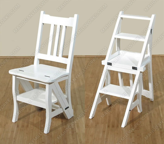 Solid Mahogany White Convertible Ladder Chair Library Step Stool