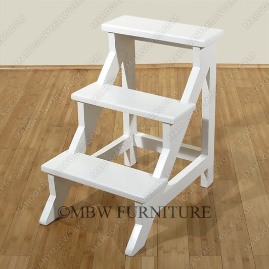 Solid Mahogany White Finish 3-Step Library Step Stool