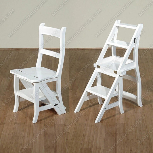 Solid Mahogany Wood White Convertible Ladder Chair Library Step Stool