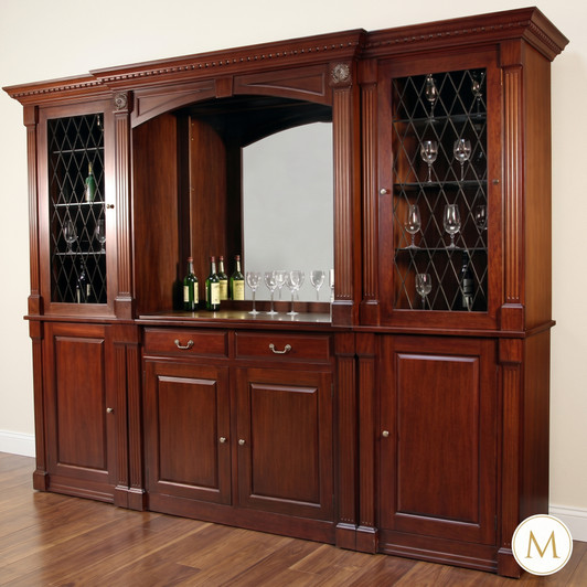 10ft mahogany bar cabinet with glass doors