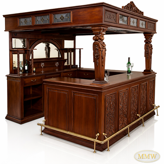 11ft Carved Canopy Pub Bar w/ Stained Glass