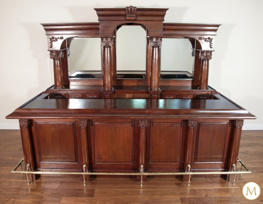 12ft English Mahogany Tavern Pub Bar w/ Marble Top & Deep Bartender Prep Area