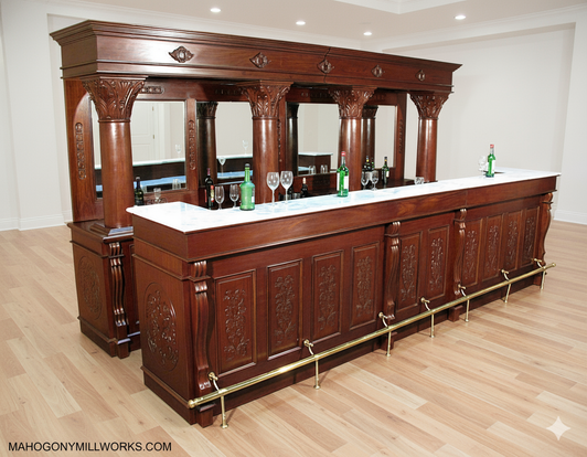 16ft Mahogany Marble top Home Pub Bar w/ Mirrors & Brass Rails