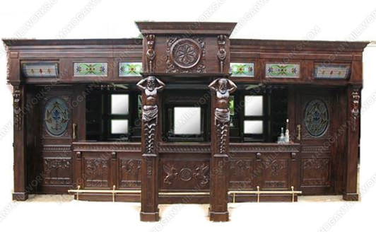 25ft Solid Mahogany Carved Canopy Home Pub Bar w/ Rails & Stained Glass