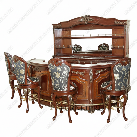 5 Piece Italian inlay Marquetry Marble Top Pub Bar Set w/ 4 Barstools