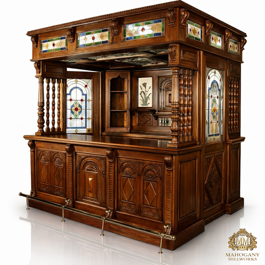 8.5ft Victorian Canopy Pub Bar w/ Stained Glass Doors