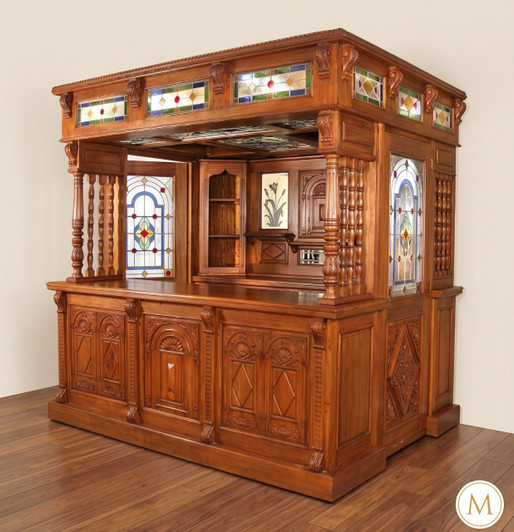 8.5ft Victorian Canopy Pub Bar w/ Stained Glass Doors
