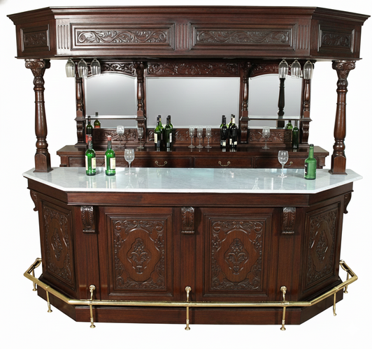 The Windsor 9ft Carved Mahogany Stained Glass Canopy Pub Bar w /Marble