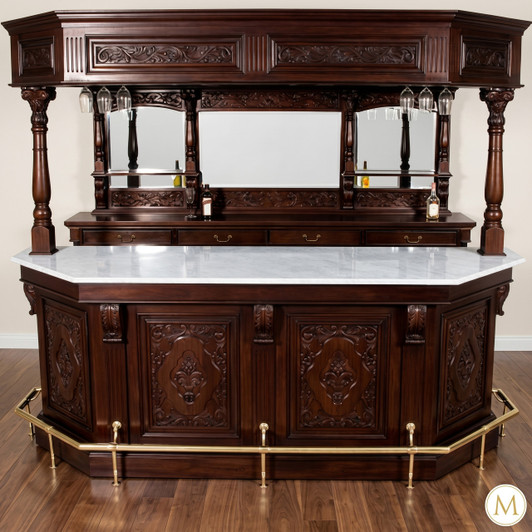 9ft Carved Mahogany Stained Glass Canopy Pub Bar w /Marble