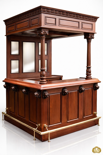 Imperial Lion: 5.5ft Hand-Carved Mahogany Canopy Pub Bar with Stained Glass