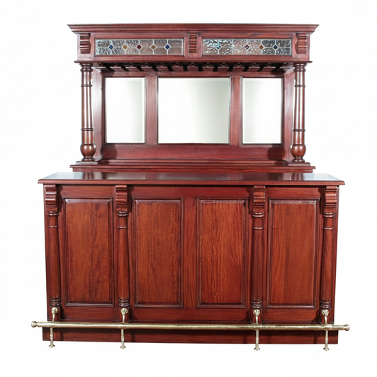 8.5ft Cherry Mirror back Home Pub Bar w/ Stained Glass