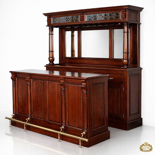 8.5ft Cherry Home Pub Bar w/ Stained Glass