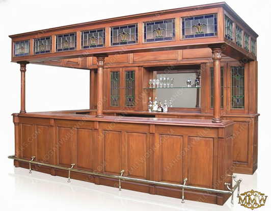 14ft Distressed Stained Glass Canopy Pub Bar w/ Brass Rails
