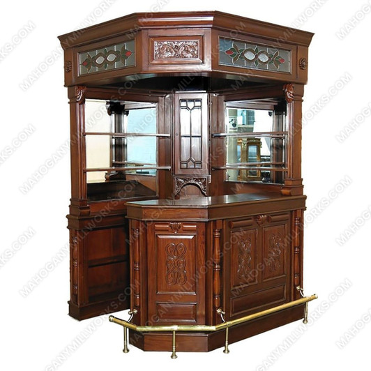 Mahogany Canopy Corner Tavern Pub Bar w/ Leaded Stained Glass